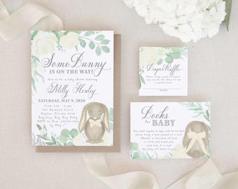 Bunny Baby Shower Invitation, Some Bunny is On the Way Invite, Girl or Boy Baby Shower Invite, Gender Neutral Bunny Baby Invitation - Finley