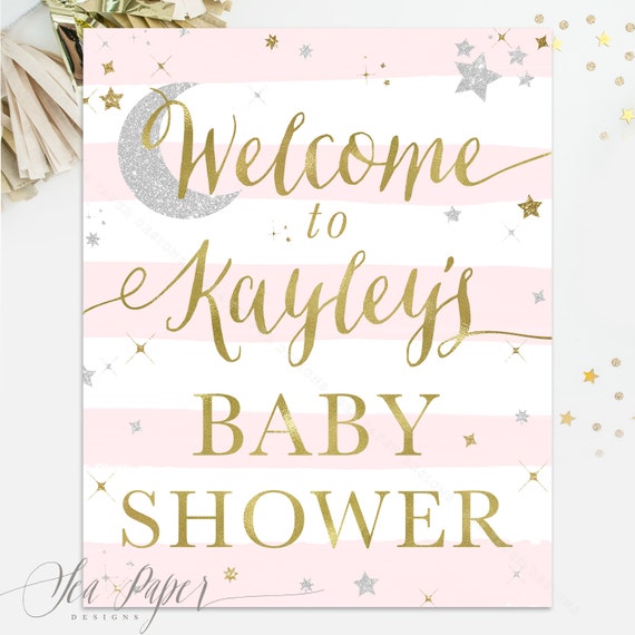 Welcome Twinkle Little Star Baby Shower Sign, Blush Pink Stripes, Gold & Silver Glitter - Printed / Printable - 8x10", 11x14, 16x20 or 20x24 Il_570xn