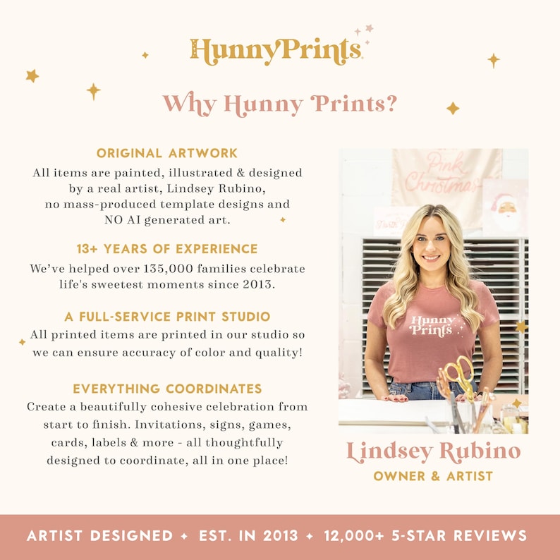 The image is a promotional poster for a business called "HunnyPrins". It features a woman standing in front of a window, smiling and wearing a pink shirt. The poster highlights the business's unique selling points, such as their original artwork, 13+ years of experience, a full-service print studio, and everything coordinates. The poster also mentions that the business is artist-designed, established in 2013, and has 12,000+ 5-star reviews.