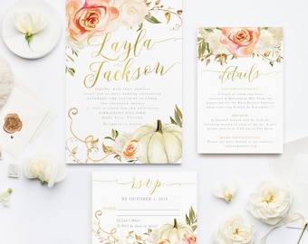 PRINTED Pumpkin Wedding Invitations, Fall Wedding Invites With Euro Flap Envelopes, RSVP & Details Cards - Fall 3
