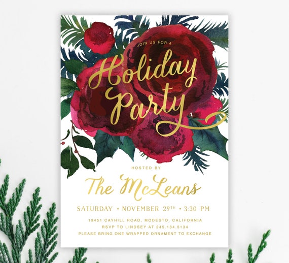 Holiday Party Invitations, Christmas Party Invite, Winter Party Invite, Burgundy Floral Christmas Invitation with Holly Spruce - Holiday 33 Il_570xn