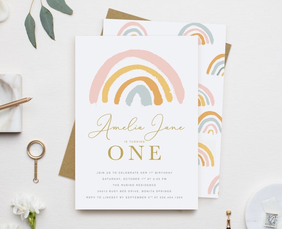 Boho Rainbow First Birthday Invitation Girl, Muted Rainbow Girl 1st Birthday Invitation, Girl First Birthday Invite, Pink Rainbow Party Il_570xn
