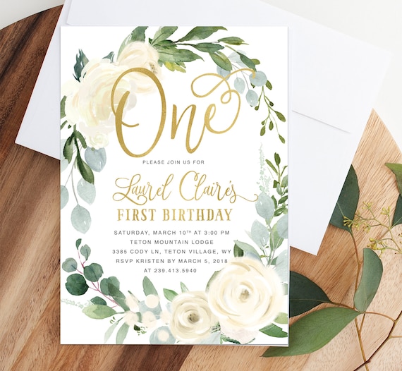 Girl First Birthday Invitation: Girl's 1st Birthday Invite, White & Gold Gold Birthday Invite, One, Floral Greenery, Rustic, Boho - Laurel Il_570xn