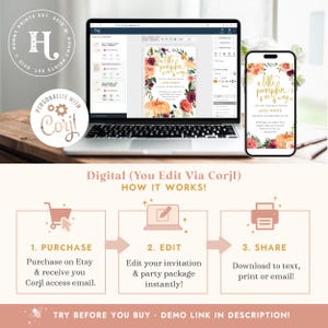 May include: A laptop and smartphone displaying a digital baby shower invitation template with floral and pumpkin graphics and the text A little pumpkin is on its way. Below, a three-step instructional graphic outlines the purchase, edit, and share process.