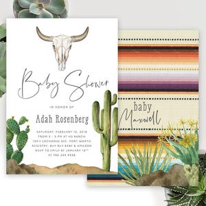 May include: Two rectangular cards featuring a baby shower invitation. One card has a white background with a steer skull, a prickly pear cactus, a saguaro cactus, and text including Baby Shower in honor of Adah Rosenberg. The other has a striped pattern.