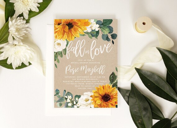 Custom Printed Fall In Love Bridal Shower Invitation, Sunflower Bridal Shower Invite, Autumn Bridal Invitation, Sunflower Invite - Posie