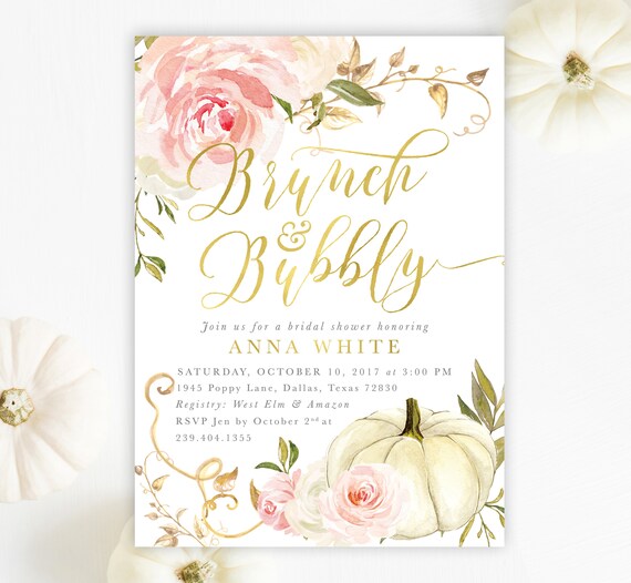 Fall Brunch Bubbly Bridal Shower Invitation Autumn Bridal