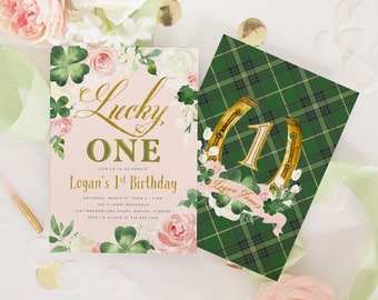 Lucky ONE, Girl 1st Birthday Invitation, St. Patty's Day Girl First Birthday Invite, St. Patrick's Day Birthday, Shamrocks & Rainbow - Kelly