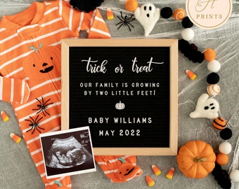 Editable Halloween Pregnancy Announcement, Pumpkin Pregnancy Announcement Template, Trick or Treat Gender Neutral Digital Baby Announcement