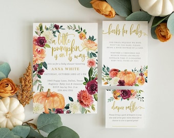 Custom Fall Baby Shower Set: A little Pumpkin is on Its Way Invitation Thank You, Diaper & Book Cards - Fall 7 - Fall7BB01b
