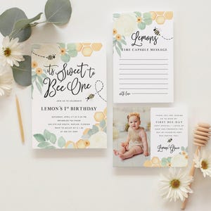 Bee 1st Birthday Invitation, First Bee-Day Bee Birthday Invitation, Honey Bee Birthday Invite, Bee Birthday Invitation, Sweet to Bee One image 2