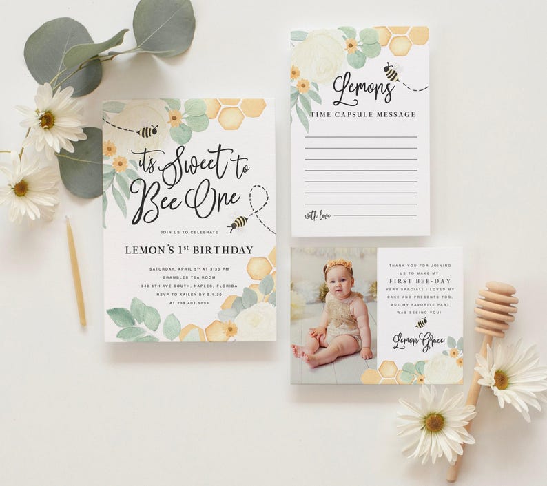 Bee 1st Birthday Invitation, First Bee-Day Bee Birthday Invitation, Honey Bee Birthday Invite, Bee Birthday Invitation, Sweet to Bee One image 2