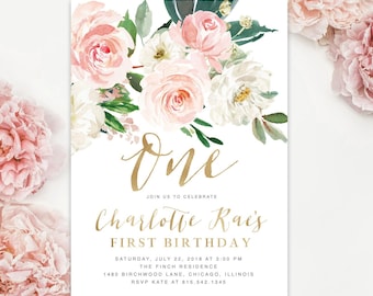 Girl First Birthday Invitation: Girl's Birthday Party Invite, 1st Birthday, One Floral, Blush Pink & White Roses, Gold, Greenery - Charlotte