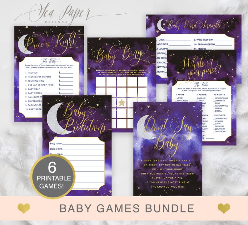 Luna Baby Shower Games Package Luna Purple Baby Shower Games Pack 6 Printable Baby Shower Games Set INSTANT DOWNLOAD Bundle