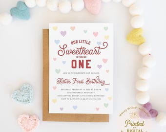 Valentine 1st Birthday Invitations, Sweetheart First Birthday Printed Invites and Envelopes - Valentine1 | Invitation Printing or Digital