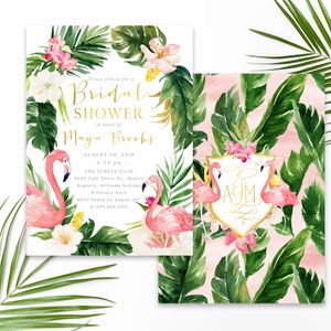 May include: A pink and green tropical themed bridal shower invitation with a flamingo and floral design. The invitation includes the text "Please join us for a Bridal Shower in honor of Maya Brooks August 28, 2018 4:00 pm The Turtle Club 9225 Gulf Shore Dr., Naples Registry: Williams Sonoma & Pottery Barn RSVP Penny by August 10th at 239.404.1355"
