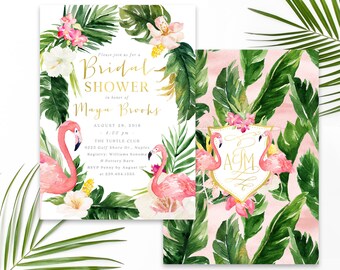 Tropical Bridal Shower Invitation, Flamingo Bridal Shower Invitation, Summer Bridal Shower Invite, Let's Flamingle, Gold - Maya