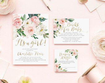 May include: A baby shower invitation set featuring watercolor pink and white roses with green foliage and gold script text. The cards include the phrases It's a girl, Books for Baby, and Diaper Raffle with event details for Charlotte Flair.
