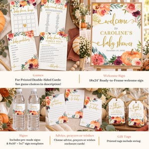 May include: A collection of baby shower stationery featuring floral and pumpkin motifs. Items include game cards, a welcome sign reading 'Welcome to Caroline's Baby Shower', water bottle labels, advice cards, and gift tags with gold text accents.
