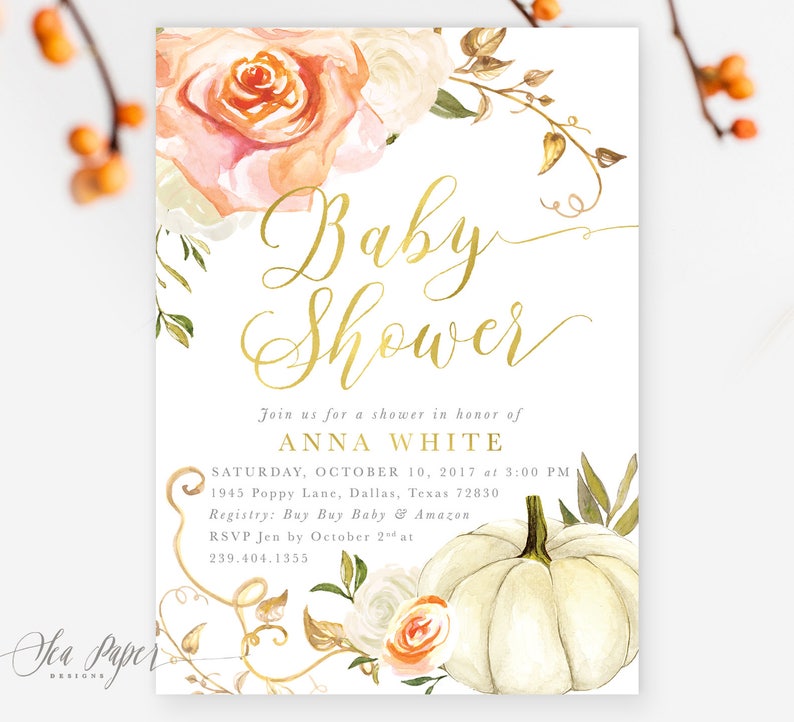 May include: A white pumpkin with a gold vine and peach and white flowers. The text "Baby Shower" is written in gold script. The text "Join us for a shower in honor of ANNA WHITE" is written in black. The text "SATURDAY, OCTOBER 10, 2017 at 3:00 PM" is written in black. The text "1945 Poppy Lane, Dallas, Texas 72830" is written in black. The text "Registry: Buy Buy Baby & Amazon" is written in black. The text "RSVP Jen by October 2nd at 239.404.1355" is written in black.