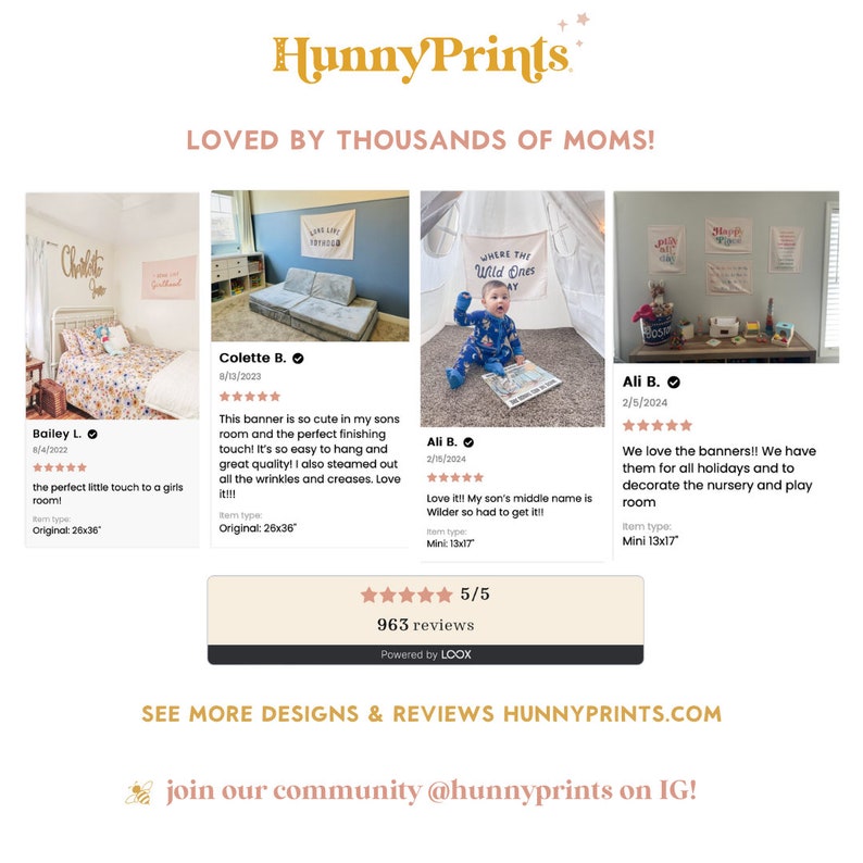 May include: Image featuring banners with text, displayed in various settings. The banners, in different sizes, include phrases like "Where the Wild Ones Play" and "Live Like Somebody." The image also shows customer reviews and the HunnyPrints logo.