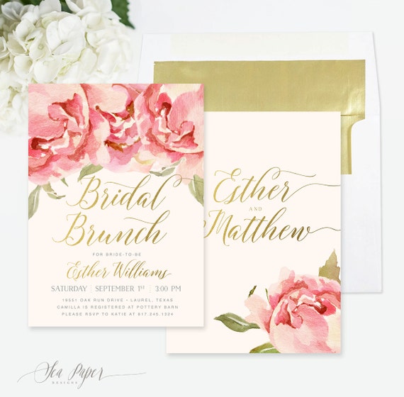 Bridal Shower Brunch Invitation, Bridal Brunch Invite, Brunch with the Bride Invite, Floral, Gold, Peach & Pink Peonies / Roses - Everly