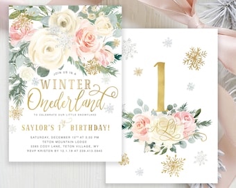 Winter Onederland Birthday Invitation Girl, Pink Floral Onederland Birthday Party Invite, Winter First Birthday, Turning One, Holiday 46