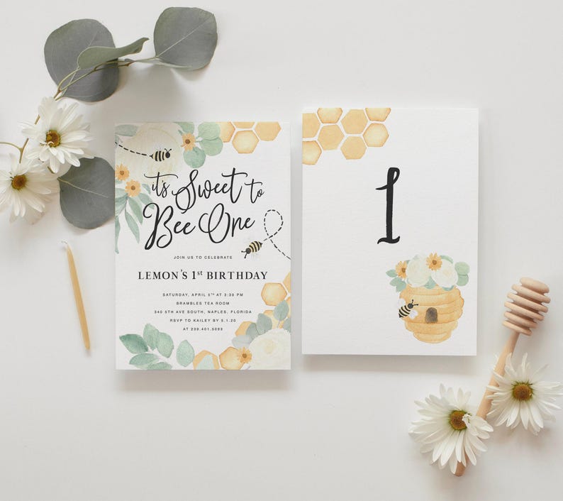Bee 1st Birthday Invitation, First Bee-Day Bee Birthday Invitation, Honey Bee Birthday Invite, Bee Birthday Invitation, Sweet to Bee One image 3