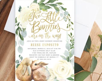 Twin Baby Shower Invitations | Twin Bunnies Printed Invites and Envelopes - Reese | Invitation Printing or Digital