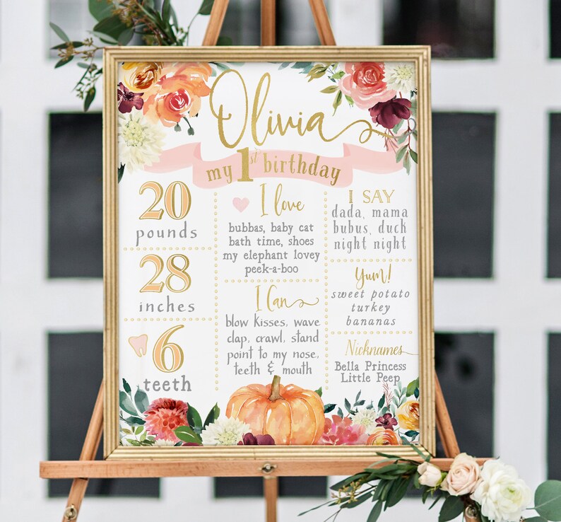 Fall 7 1st Birthday Milestone Sign Custom Printed or Printable Blush Burgundy /& Orange Fall Pumpkin Birthday Milestone Poster Board