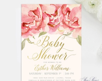 Baby Shower Invitation Girl, Baby Girl Shower Invitation, Floral Baby Shower Invitation, Pink Peonies, Printed or Printable - Everly