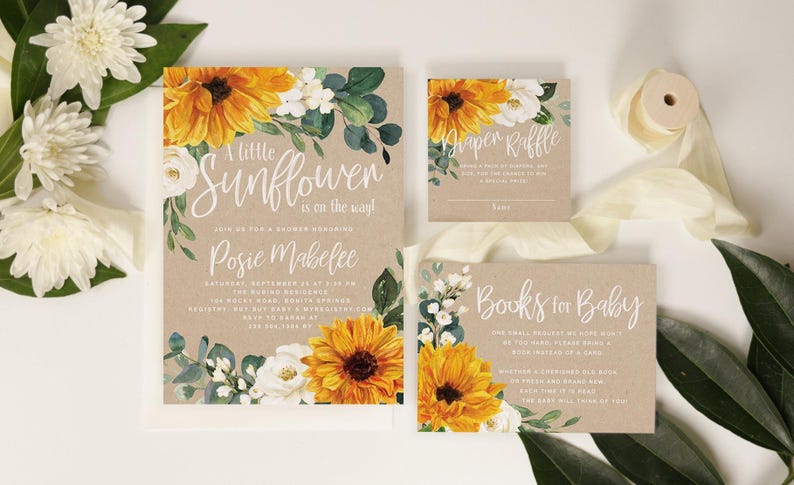 Sunflower Baby Shower Invitations | Printed Invites with Envelopes - Posie | Invitation Printing or Digital image 2