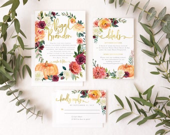 Custom Printed Fall Wedding Invitations, Pumpkin Wedding Invitations, Autumn Wedding Invitations, Printed Invites with Envelopes - Fall 7