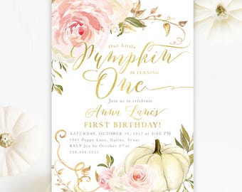Pumpkin Birthday Invitation Girl, Fall Girl Birthday Invitation, Our Little Pumpkin is Turning One, Girl First Birthday Party - Fall 11