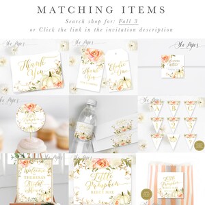 May include: A set of printable fall-themed party decorations featuring a white pumpkin with gold accents and floral details. The set includes a welcome sign, thank you cards, favor tags, cupcake toppers, water bottle labels, and a banner. The text on the sign reads "Welcome to Theresa's Bridal Shower".