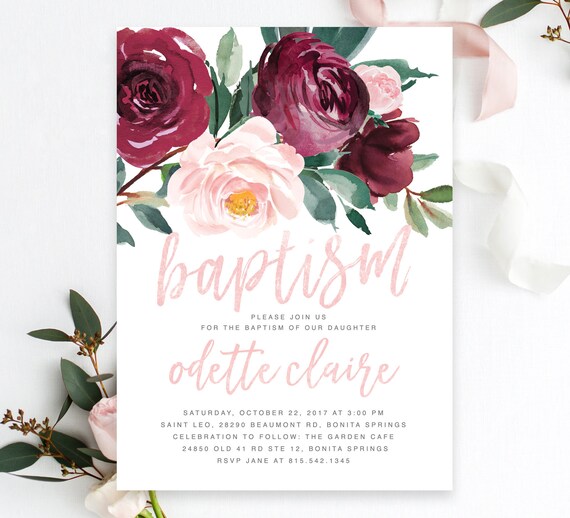 Baptism Invitation Girl, Baptism Invitation Girl Floral: Blush Pink, Burgundy Flowers, Greenery - Printed or Printable - PI-O, Odette Il_570xn