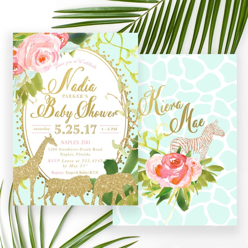 Jungle Baby Shower Invitation Girl Safari Invite Glam Giraffe Lion Elephant Zebras Tropical Mint Gold Nadia