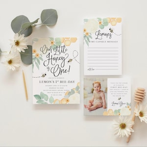 Little Honey 1st Birthday Invitations, Bee First Birthday Party Printed Invites & Envelopes - Honeybee | Invitation Printing or Digital image 1