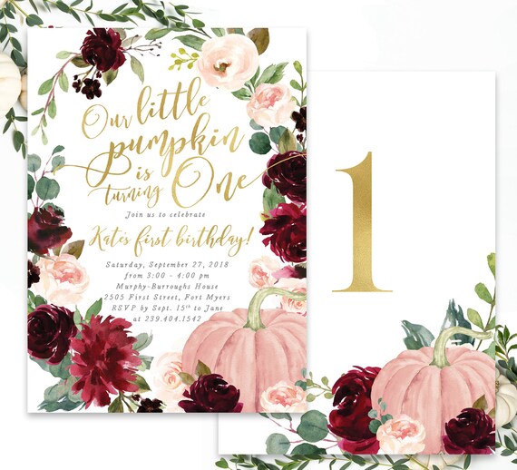 Our Little Pumpkin is One, Fall Birthday Invitation Girl, Girl Fall Birthday Invite, Girl Pumpkin Birthday Invite, Burgundy Blush - Kristen Il_570xn