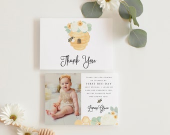 Bee Thank You Cards, Bee Birthday Thank You Cards, Bee 1st Birthday Thank you Cards, Flat Printed or Printable