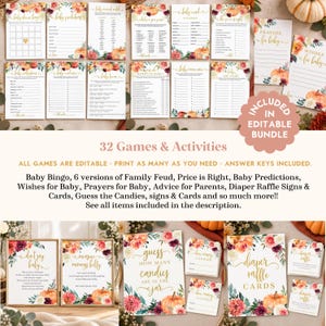 May include: A collection of printable baby shower game cards and activity sheets featuring floral and pumpkin illustrations. The set includes bingo, predictions, advice, and raffle cards with gold text, all decorated with autumn-themed flowers.