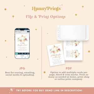 May include: A digital file for printing baby shower invitations. The invitation features a watercolor illustration of a pumpkin with fall foliage and the text "A little pumpkin is on the way!" in gold lettering. The invitation is available in JPG and PDF formats.