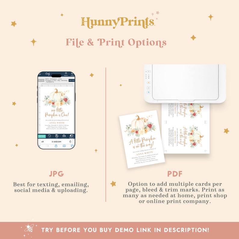 May include: A digital file for printing baby shower invitations. The invitation features a watercolor illustration of a pumpkin with fall foliage and the text "A little pumpkin is on the way!" in gold lettering. The invitation is available in JPG and PDF formats.