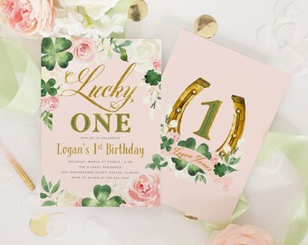 Lucky ONE, Girl 1st Birthday Invitation, St. Patty's Day Girl First Birthday Invite, St. Patrick's Day Birthday Party Shamrocks & Kelly Pink
