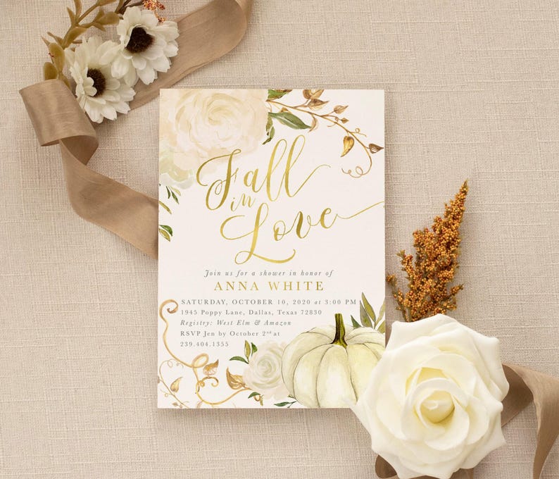 Custom Fall Bridal Shower Invitation: Fall in Love, Autumn Bridal Shower Invite Pumpkin, Gold & Roses - Fall 2 - Fall2BR01a Bild 1
