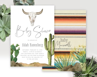 Southwestern Cactus Baby Shower Invitation, Gender Neutral Baby Shower Invitation, Bull Skull, Boho Baby Shower Invite - Adah