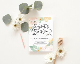 Sweet to Bee One Birthday Invitations - Bee 1st Birthday Party Printed Invites with Envelopes - Honeybee | Invitation Printing or Digital