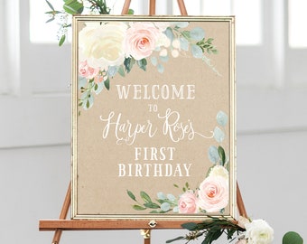 Welcome Sign for Any Event! Printed or Digital- Pink Roses & Greenery, Kraft, Bridal Shower, Baby Shower, Birthday, Baptism - Laurel Floral