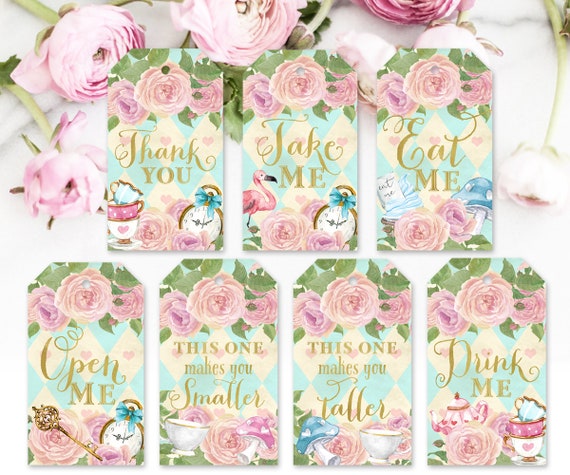 Alice in Wonderland Printable Tags Set, 7 Tag Designs: Eat Me, Drink Me, Take Me, Open Me, Thank You, Smaller & Taller - INSTANT DOWNLOAD Il_570xn