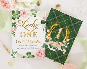 Lucky ONE, Girl 1st Birthday Invitation, St. Patty's Day Girl First Birthday Invite, St. Patrick's Birthday Party, Shamrocks, Clover - Kelly